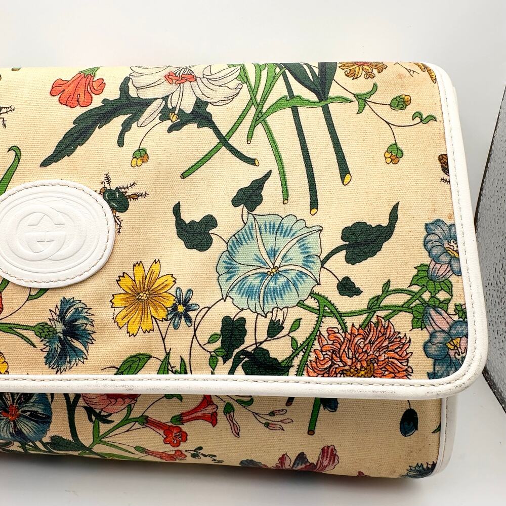 Gucci Vintage 80s Flora Flap Clutch Bag Ecru Canvas White Leather Trim READ - Picture 3 of 16